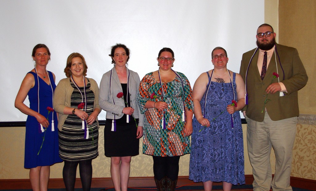 Photo of 2014 in person Initiates: Mildred (Milly) Noyes Stephenson, Vanessa Lynn St.Oegger-Menn, Jeannette A. Norris, Lucy Anne Menard, Marianne Joyce Reddin Aldrich, and Beau T. Bradley. 